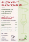 Pämierungsurkunde für Destillate 2015, Brennerei Trost, Linsenhofen