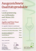 Pämierungsurkunde für Destillate 2015, Brennerei Trost, Linsenhofen