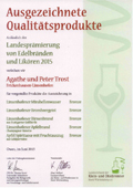 Pämierungsurkunde für Destillate 2015, Brennerei Trost, Linsenhofen