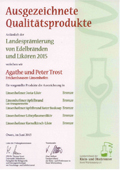 Pämierungsurkunde für Destillate 2015, Brennerei Trost, Linsenhofen