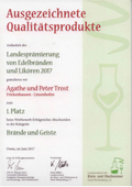 Pämierungsurkunde für Destillate 2015, Brennerei Trost, Linsenhofen